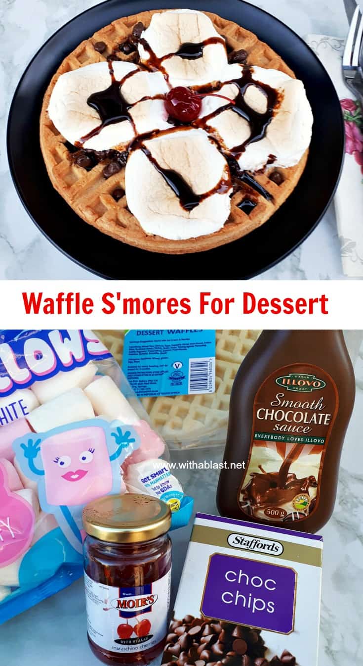 Waffle S'mores For Dessert (open-face style) ! Gooey, sweet, syrupy and so easy to make #DessertWaffles #Waffles #Smores 