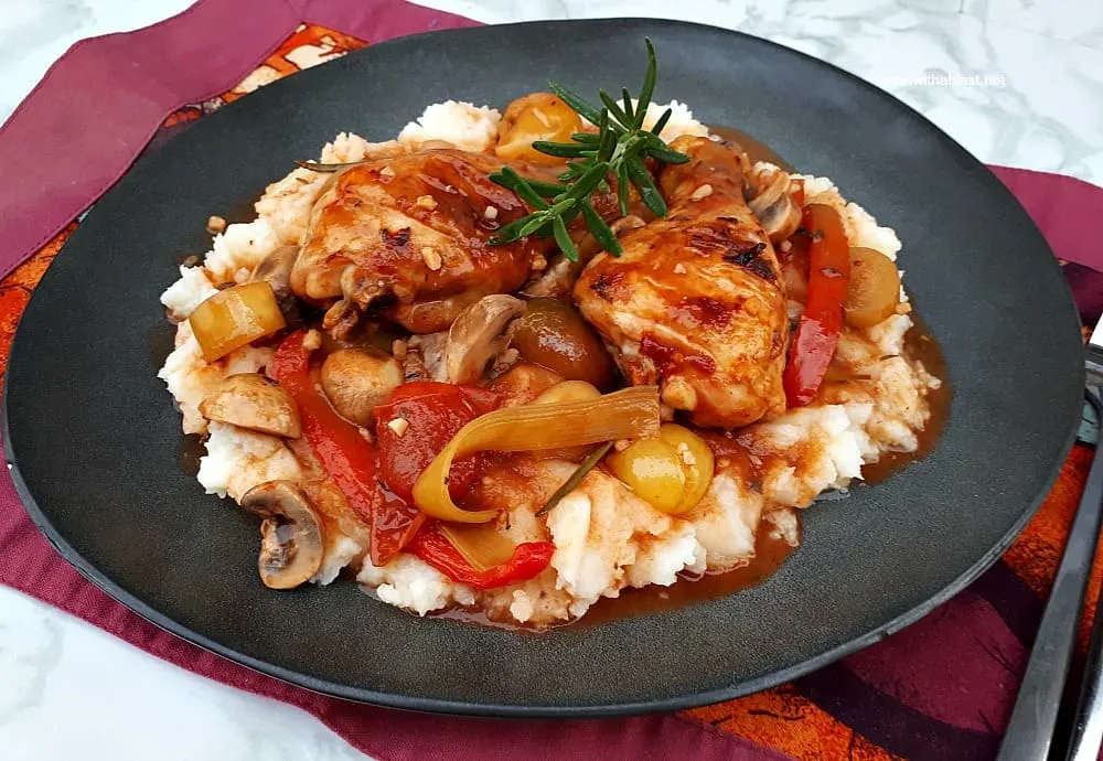 Chicken Cacciatore is an easy, no fuss dump-and-bake recipe - so saucy, loaded with vegetables and perfect comfort food on a chilly day Chicken Cacciatore (Dump and Bake)