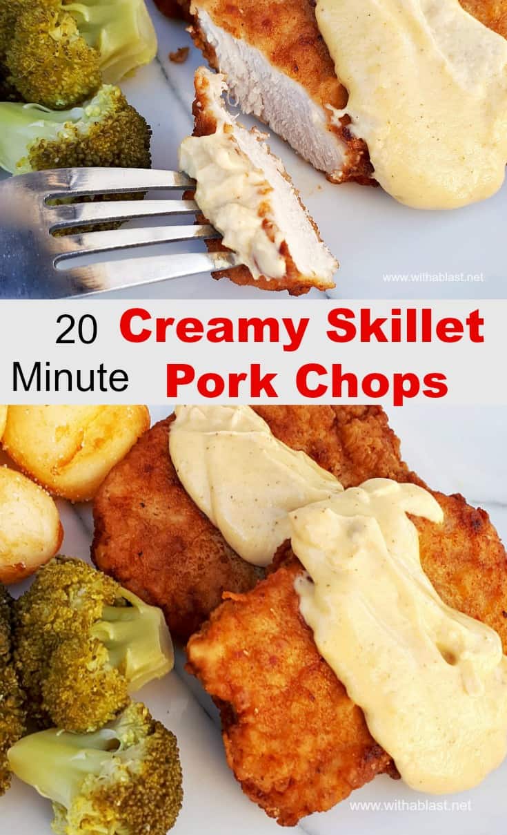 Creamy Skillet Pork Chops are the perfect comfort food and ready within 20 minutes - Pork Chops and sauce made in the same skillet #PorkChops #SkilletPork #SkilletPorkChops #QuickRecipe #ComfortFood 
