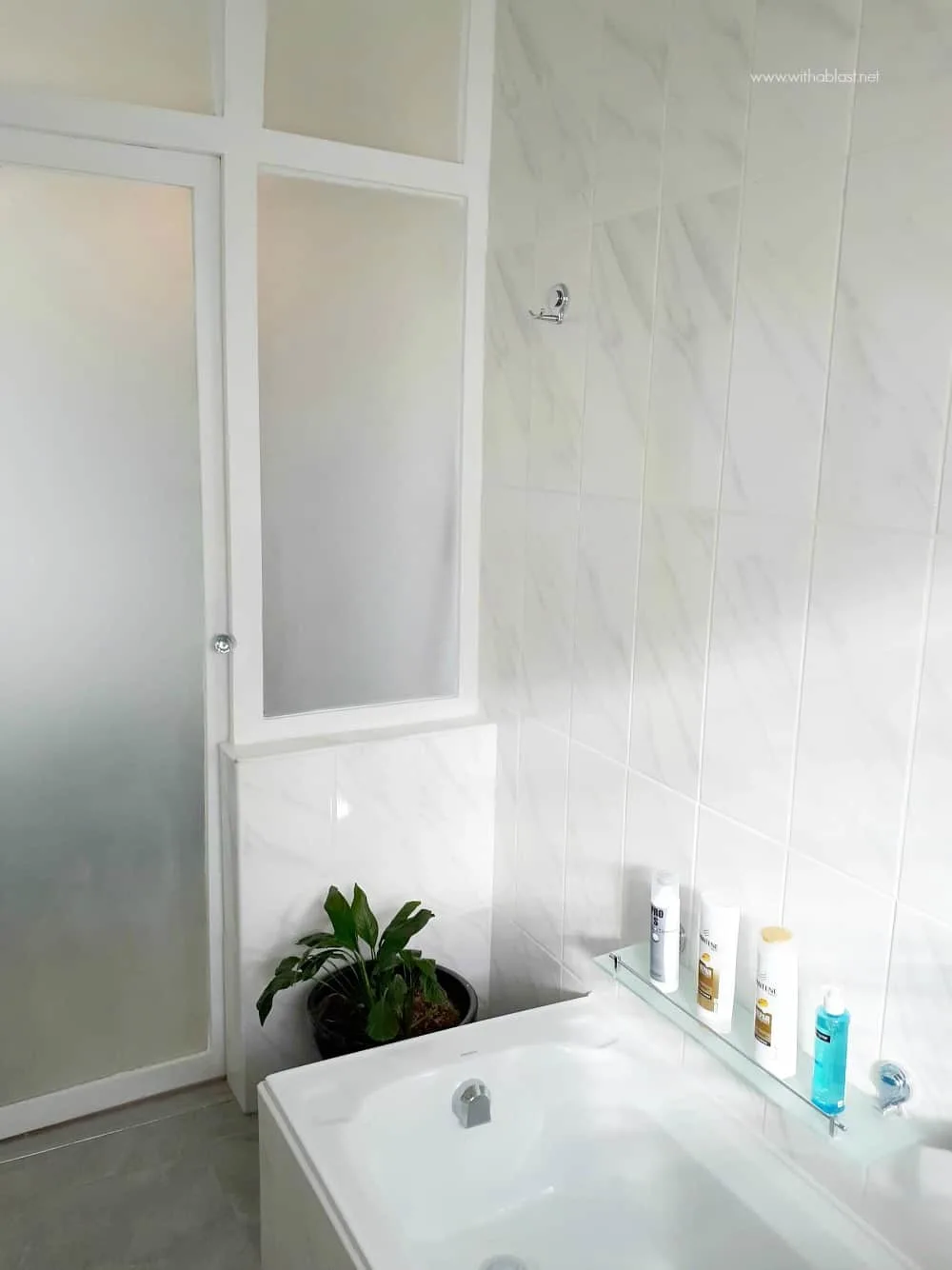 Bathroom Makeover with sand blasted wall window and door