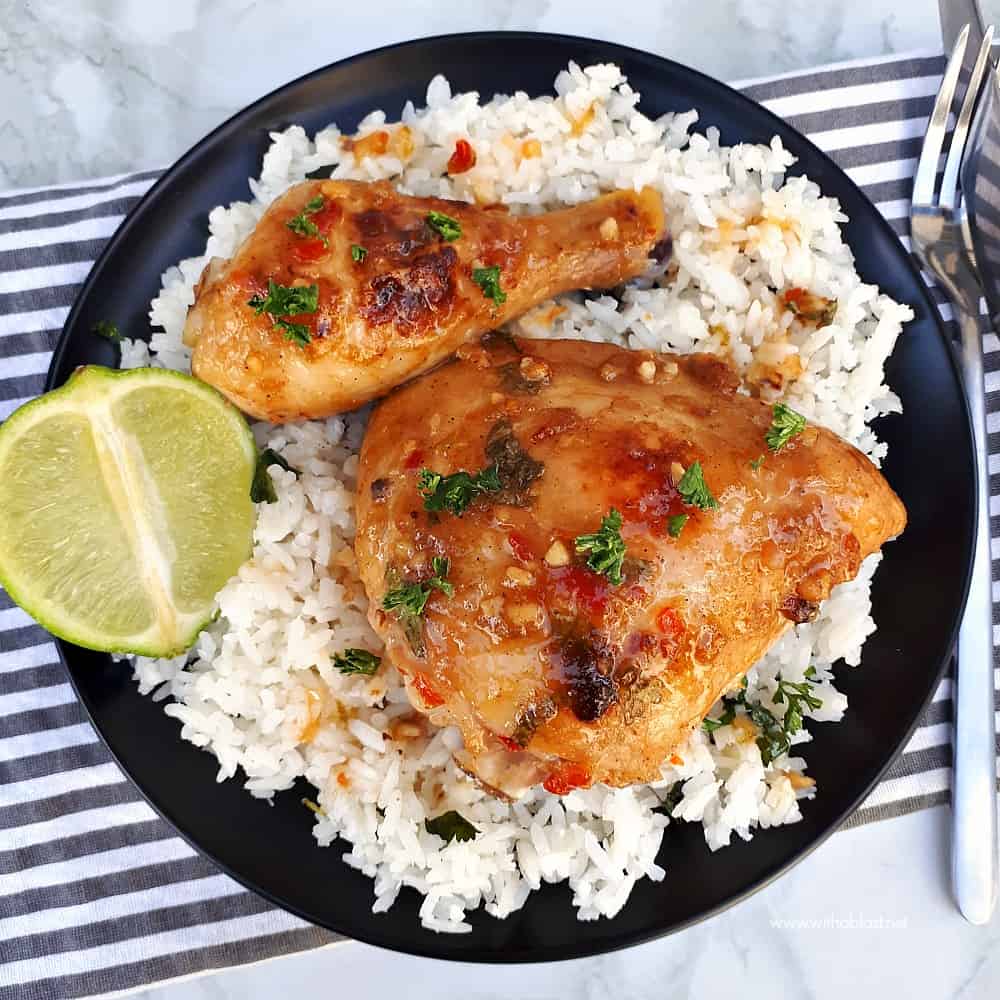 This recipe for Easy Baked Thai Chicken uses everyday pantry ingredients which turns the chicken into juicy, tender and a very tasty main dish [no-fuss, dump and bake]