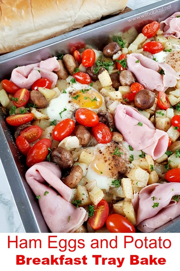 Simple, everyday ingredients make this Ham Eggs and Potato Tray Bake a winner every time - Make 2 trays and feed a crowd during the holidays ! #BreakfastRecipes #HolidayBreakfast #TrayBakeBreakfast #EasyBreakfastRecipes #BrunchRecipe #HamAndEggsBreakfast #PotatoBreakfast