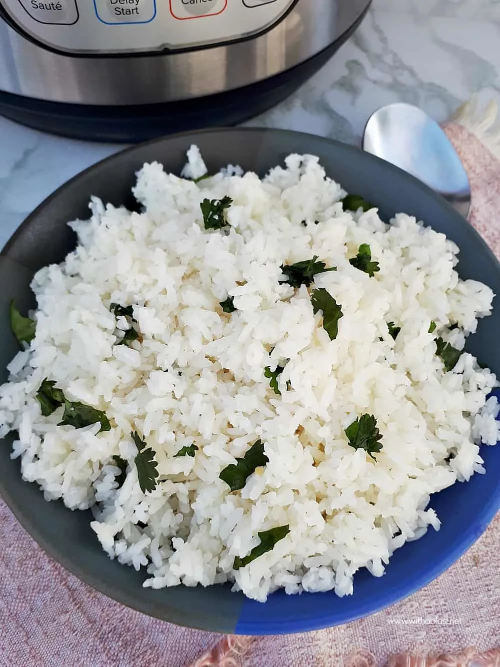 How to make Instant Pot Cilantro Coconut Rice is so easy with pressure cooking set on only THREE minutes ! No coconut milk means a lighter rice in this recipe