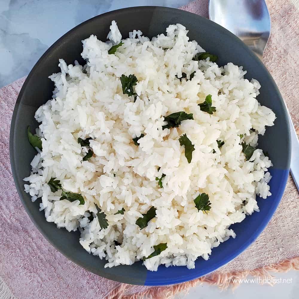 How to make Instant Pot Cilantro Coconut Rice is so easy with pressure cooking set on only THREE minutes ! No coconut milk means a lighter rice in this recipe