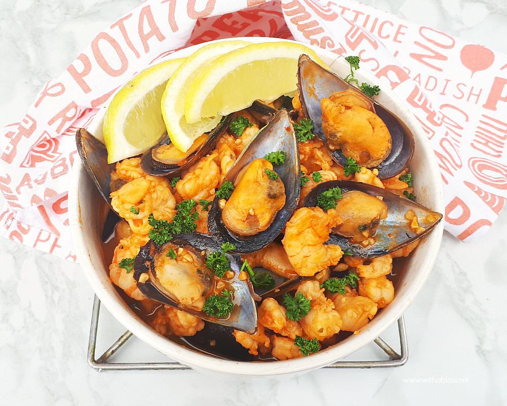 Red Prawns and Mussels are slightly spicy and nestled in a creamy paprika tomato sauce - so quick and easy to serve for dinner or as an appetizer