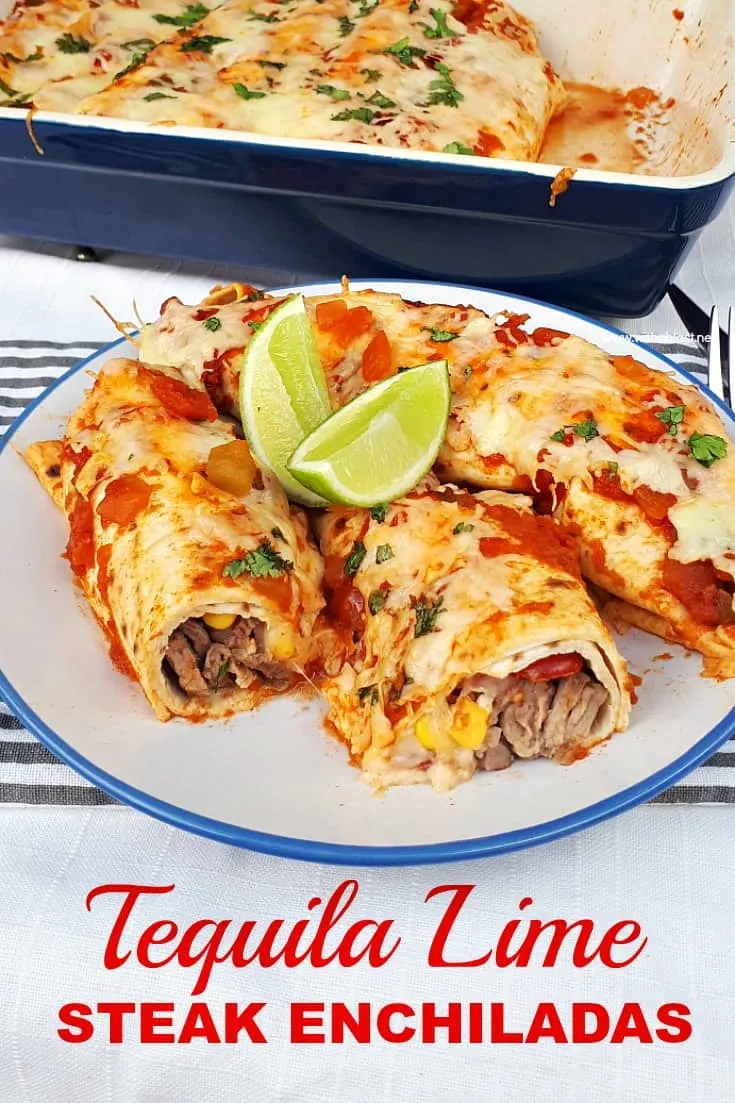 Perfectly marinated Tequila Lime Steak Enchiladas are loaded with steak, a delicious salsa, cheese and topped with chunky salsa sauce and more cheese ! #Enchiladas #SteakEnchiladas #TequilaLimeSteak #ComfortFood