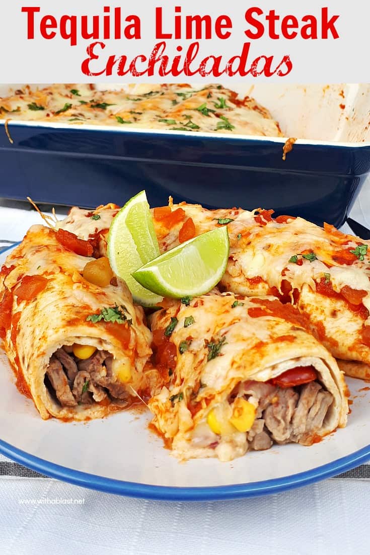 Perfectly marinated Tequila Lime Steak Enchiladas are loaded with steak, a delicious salsa, cheese and topped with chunky salsa sauce and more cheese ! #Enchiladas #SteakEnchiladas #TequilaLimeSteak #ComfortFood