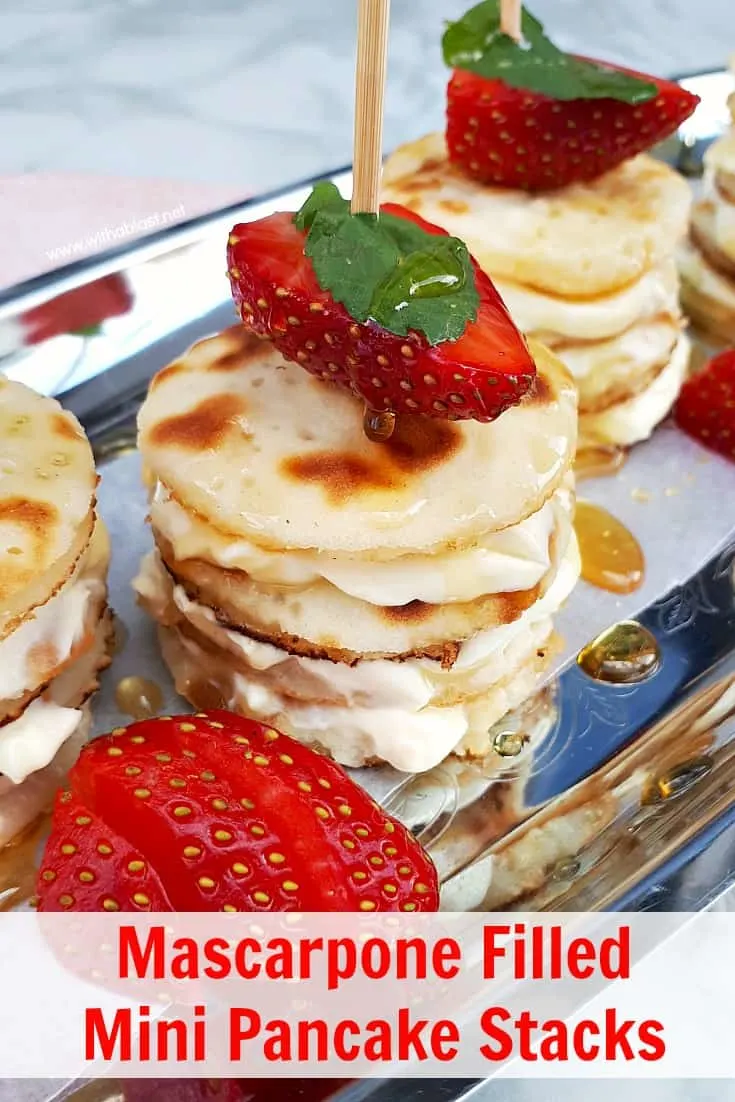 Deliciously Mascarpone Filled Mini Pancakes Stacks are perfect for a special breakfast, brunch or even a sweet treat. Perfect with Strawberries and drizzled with Honey! #PancakeStacks #MiniPancakes #FilledPancakes #BreakfastRecipes #SweetTreatRecipes