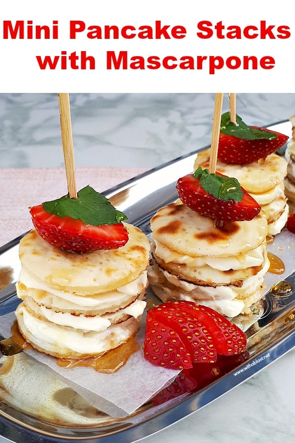 Deliciously Mascarpone Filled Mini Pancakes Stacks are perfect for a special breakfast, brunch or even a sweet treat. Perfect with Strawberries and drizzled with Honey! #PancakeStacks #MiniPancakes #FilledPancakes #BreakfastRecipes #SweetTreatRecipes