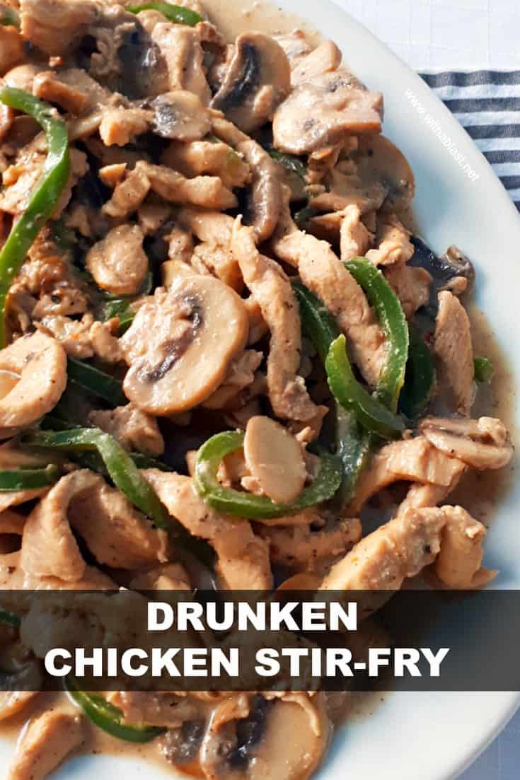 A Rum based marinade turns this Drunken Chicken Stir-Fry into a tender, juicy dish, best served over pasta #DrunkenChickenRecipe #RumBasedMarinade #EasyDinnerRecipes