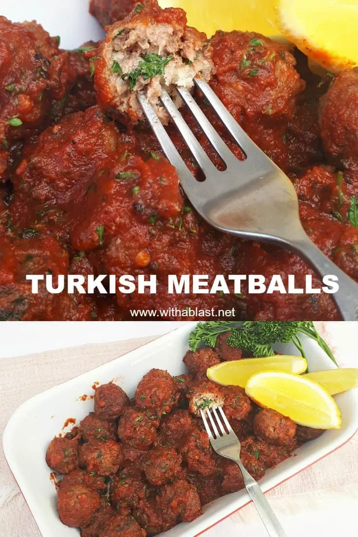 These Turkish Meatballs are made with ground beef and lamb (or choose only one), hugged in an easy to make tomato based sauce #MeatballRecipes #Meatballs #GroundLamb and #GroundBeef