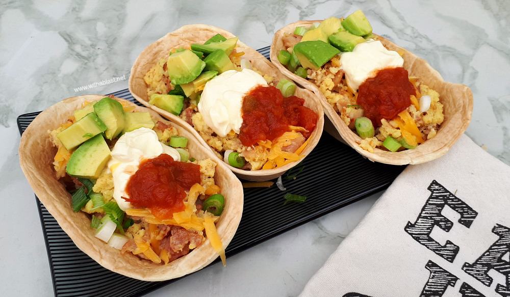 Spicy Bacon and Egg Breakfast Tacos are so quick and easy to make - perfect for busy week day mornings ! The filling can be as hot (or not) as you prefer.