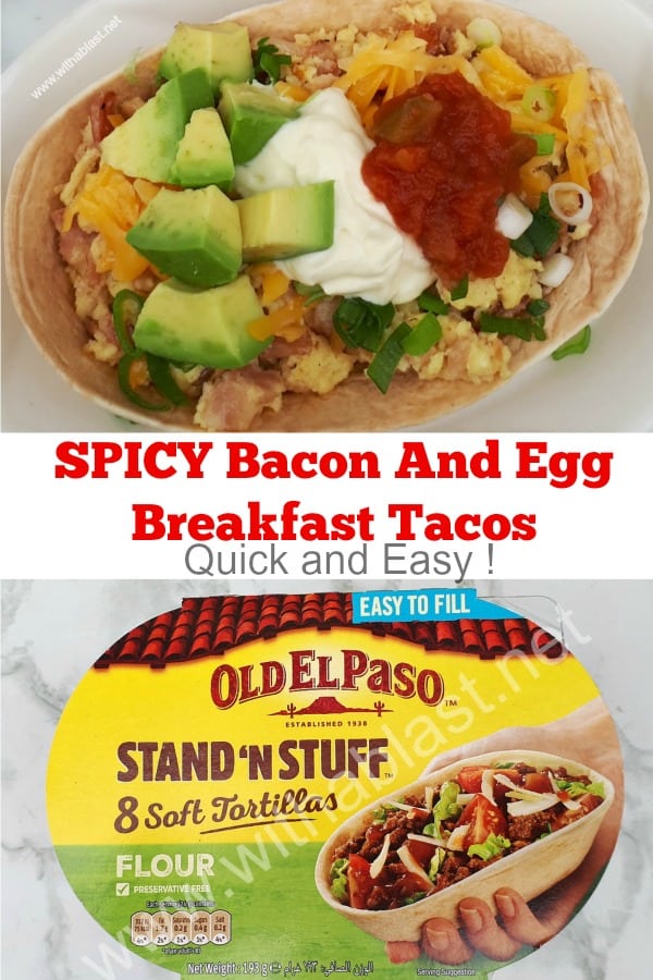 So quick ! Deliciously spicy filled Bacon and Egg Breakfast Tacos with all the trimmings !
